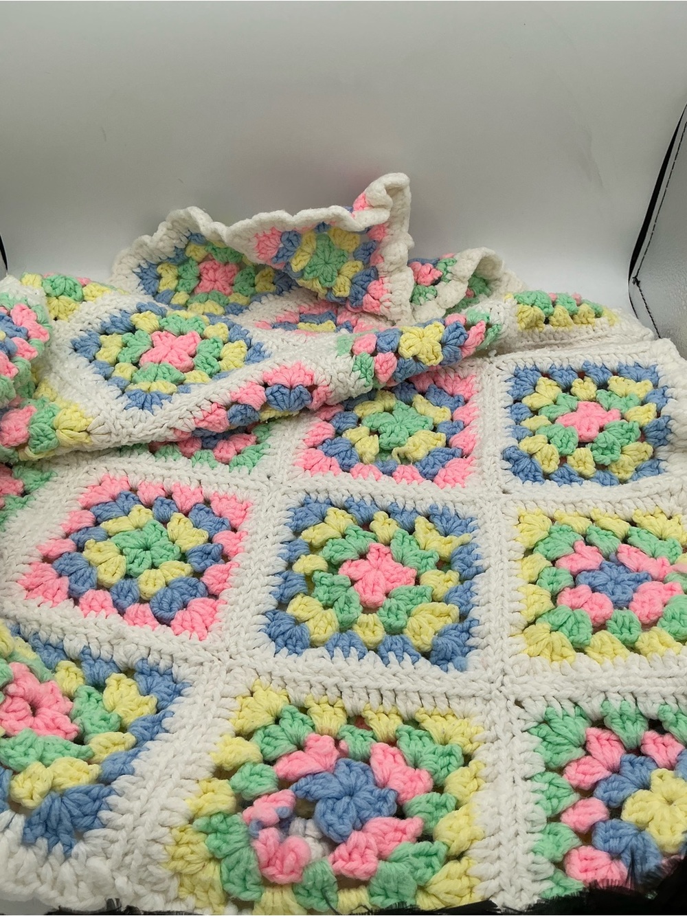 Handmade White Crochet Granny Square Throw with Pastel Accents 28x40